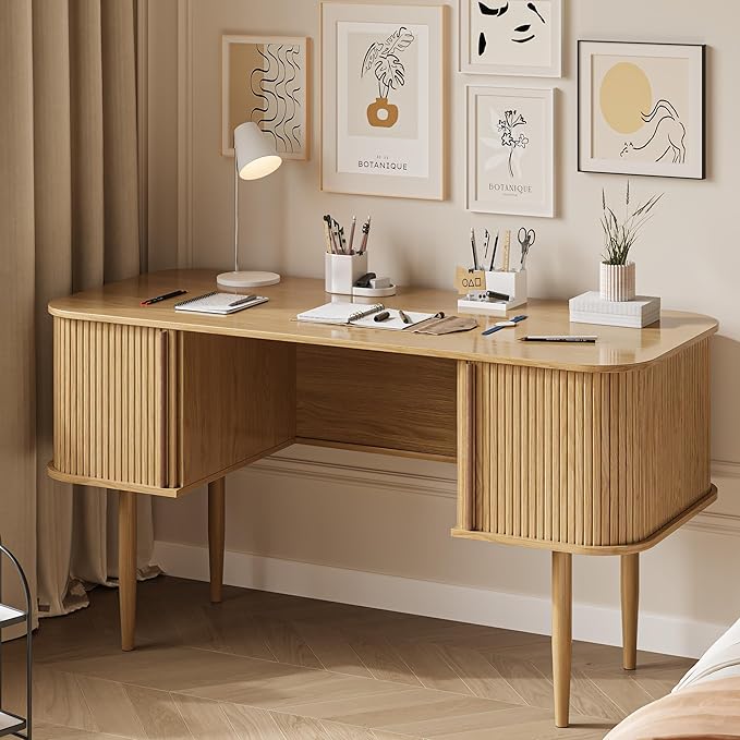 MAISONARIA 55" Modern Writing Desk with Storage, Wood Home Office Desk with Sliding Doors, Computer Desk for Home Office, Dorm, Living Room, Home Study Table, Natural