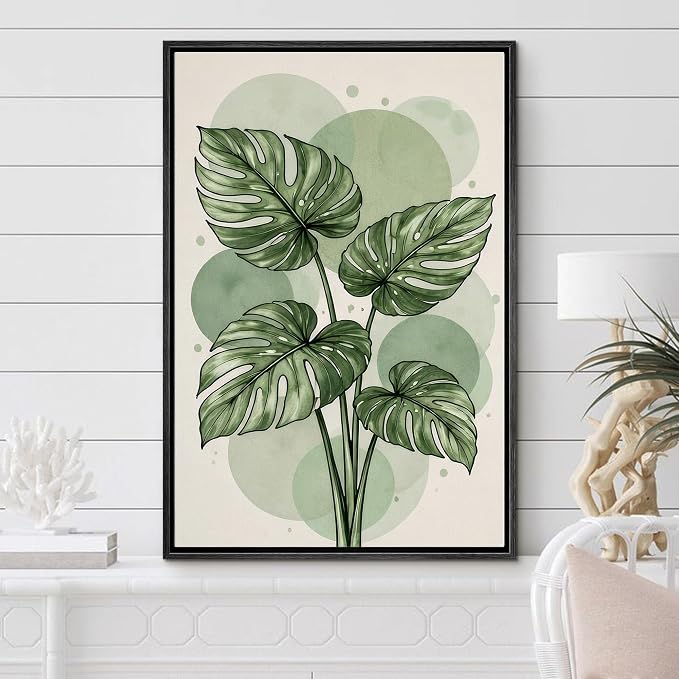 Woodrose Framed Canvas Print Wall Art Green Monstera Leaves Botanical Illustrations Modern Art Minimalist 3D Colorful Ultra for Living Room, Bedroom, Office - 16"x24" BLACK