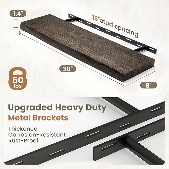 Fun Memories Floating Shelves for Wall Decor Set of 2-30 Inch Solid Elm Wood Live Edge - Rustic Walnut Wall Shelves with Invisible Brackets - for Living Room, Bedroom, Kitchen - Walnut Finish