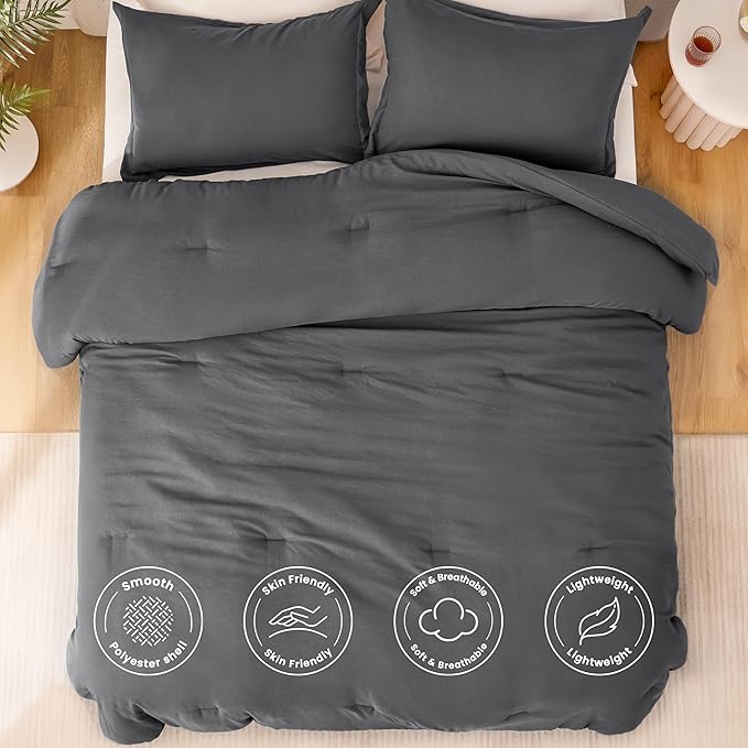 Love's cabin Dark Grey Queen Comforter Set, 3-Piece Prewashed Bed Set with 1 Comforter (90 x 90 in) & 2 Pillowcases, Lightweight & Breathable for All Seasons | Soft