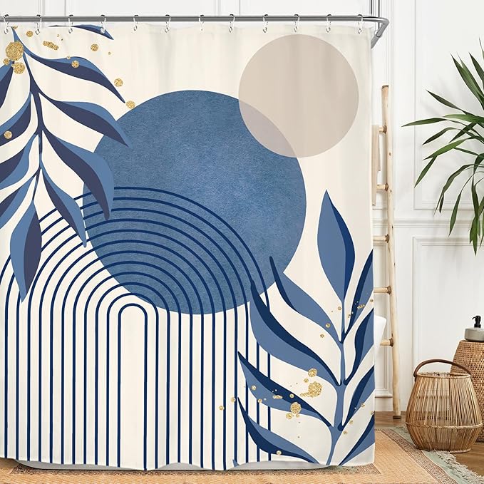Miyotaa Abstract Minimalist Blue Shower Curtain Set 60Wx71H Inches Aesthetic Modern Geometric Neutral Contemporary Plant Leaves Polyester Waterproof Cloth Bathroom Curtain with 12 Hooks