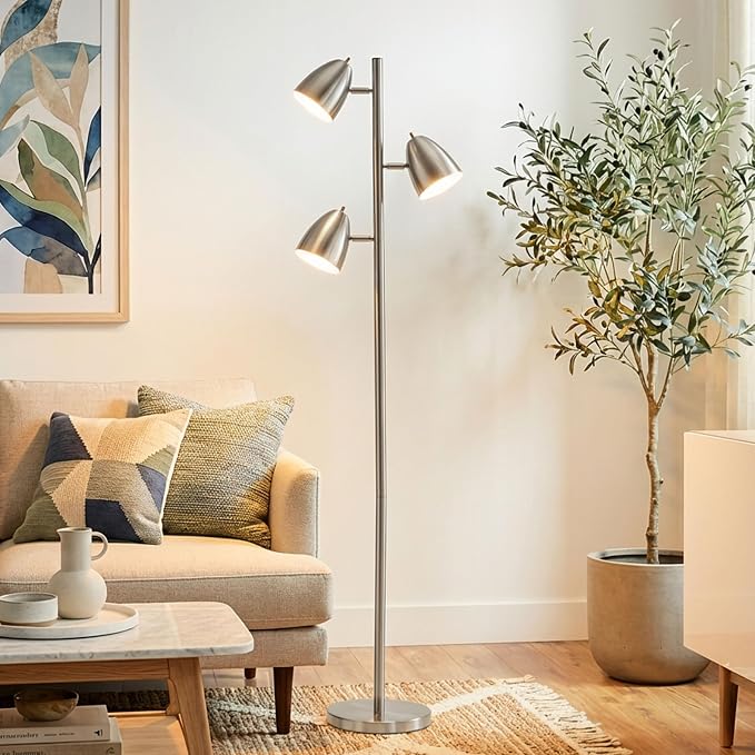 Brightech Jacob LED Standing Lamp, Modern Bright Floor Lamps for Living Rooms & Bedrooms, Tall LED Lighting Lamp with Adjustable 3 Light Tree – Satin Nickel