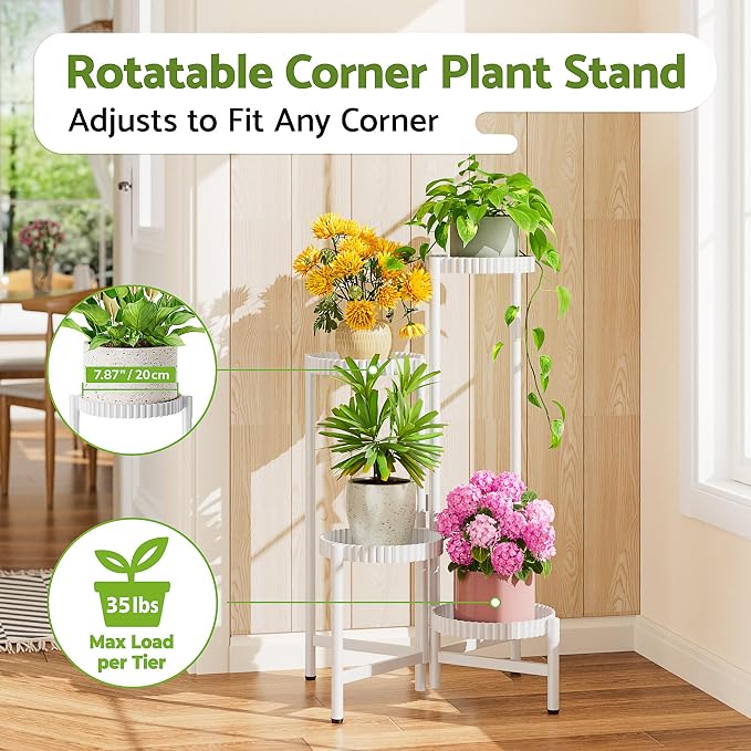 Metal Corner Plant Stand Indoor Outdoor, 4 Tier Tall Flower Pot Holder Potted Display Rack Shelf, Heavy Duty Flodable Plant Shelf for Patio Garden Balcony Living Room Bedroom - WhiteFloroma