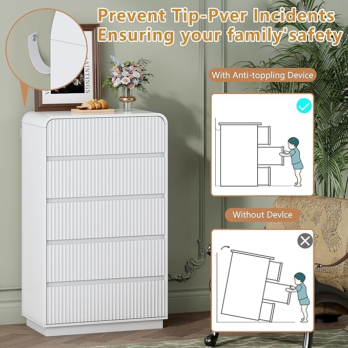 White Dresser Fluted Tall 5 Drawer Dresser for Bedroom, Wood Chest of Drawers with Hidden Handles & Rounded Corners, Modern Storage Cabinet and Organizer Drawers for Living Room, Hallway
