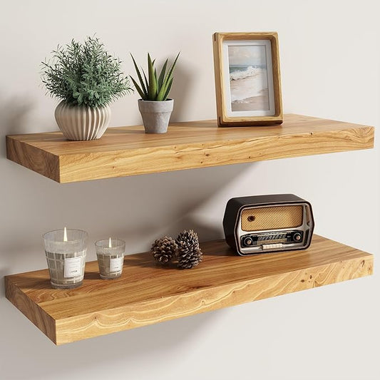 Fun Memories Solid Elm Wood Floating Shelves Set of 2-24 Inch Rustic Wall Shelves with Heavy-Duty Invisible Brackets - for Living Room, Kitchen, Bedroom, Bathroom - Natural Finish
