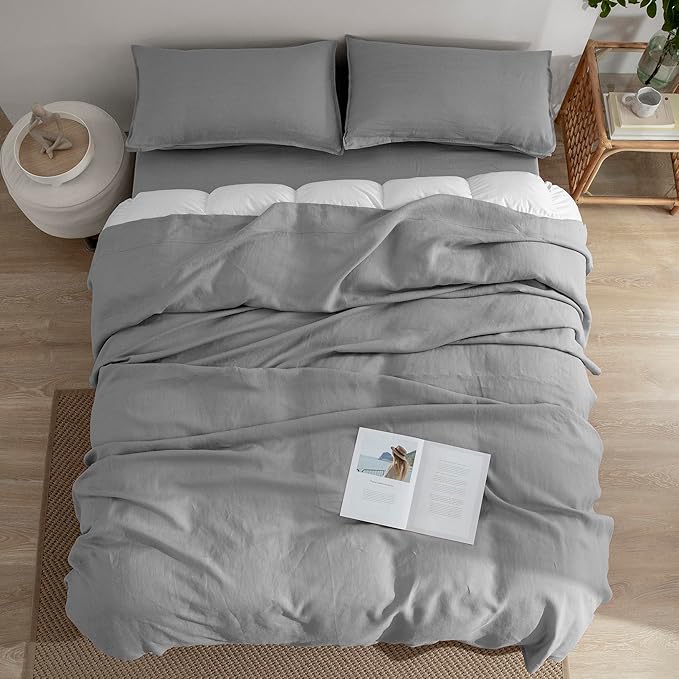 EVERLY Linen Sheets Set King Size,100% French Stonewash Pure Linen Sheets Set,4Pieces (1Flat Sheet,1Fitted Sheet,2Pillowcase) Suitable for Hot Sleepers,Deep Pocket Natural Bedding Set-Light Grey