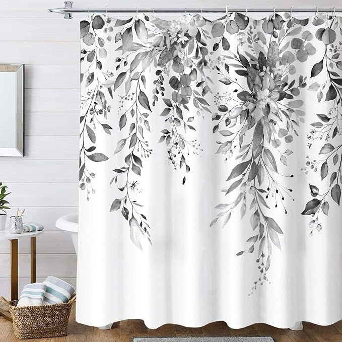 84 Inch Extra Long Gray and White Eucalyptus Shower Curtain Watercolor Grey Floral Plant Leaf Shower Curtains for Bathroom Flower Waterproof Fabric Bath Curtain with Hooks (Black, 72'' x 84'')