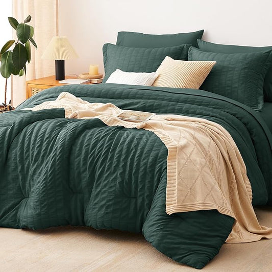 CozyLux Oversized King Comforter Set with Sheets, 7 Pieces 120"x98" Forest Green Seersucker Bed in a Bag, Luxury Bedding Sets with Down Alternative Comforter, Sheets, Pillowcases & Shams, Home Gift