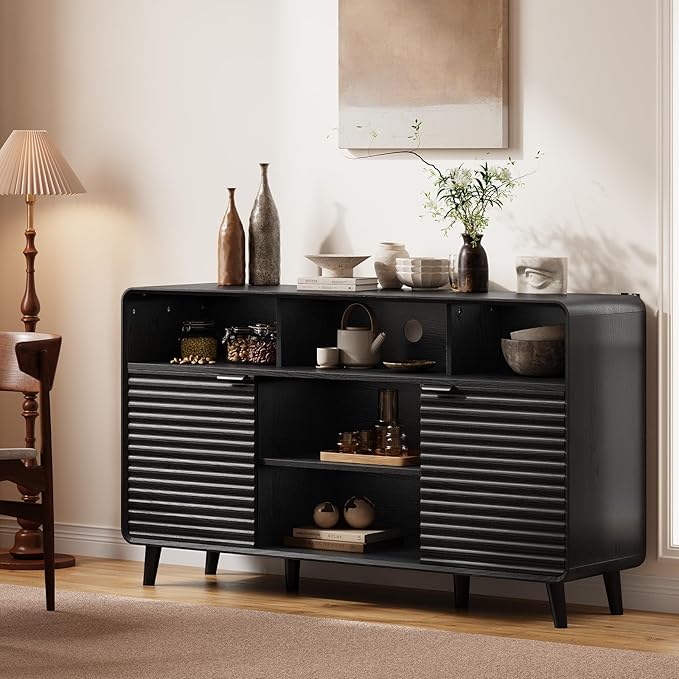 58 Inch Buffet Cabinet with Storage, Curved Buffet Sideboard w/2 Doors, Open Storage Shelf, Adjustable Shelves, Wooden Coffee Bar Cabinet for Kitchen, Living Room, Black