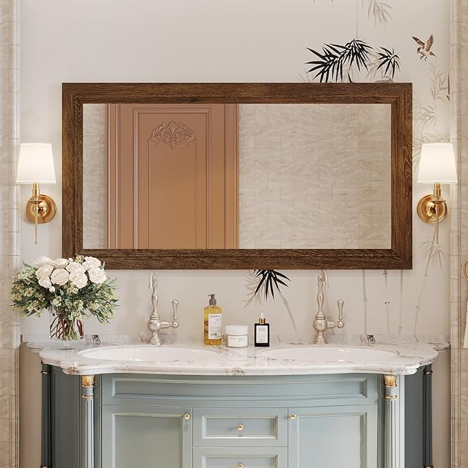 Rustic Wall-Mounted Vanity Mirror, Solid Wood Frame Bathroom Mirror, Farmhouse Style for Living Room, Bedroom, Entryway, Horizontal/Vertical Hanging