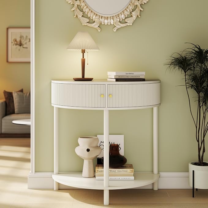31.5'' Wood Small Console Table Retro Curved Sofa Table with 2-Door Storage Space for Living Room Entryway, Circular Half Moon Design, Cream White