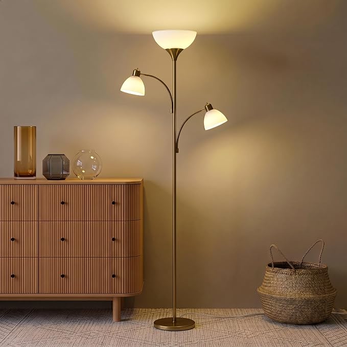 Brightech Sky Dome Double LED Floor lamp, Torchiere Super Bright Floor Lamp with 2 Reading Lamps for Living Rooms & Offices - Dimmable Tall Standing Lamp for Bedroom Reading - Tall Brass Pole