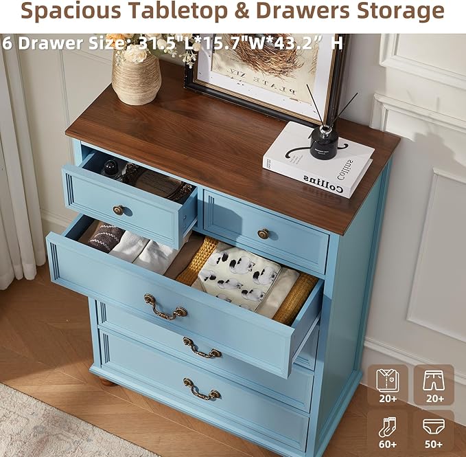 Farmhouse 6 Drawer Dresser Set of 2 for Bedroom, 42" Tall Rustic Chests of Drawers w/ 4 Solid Wood Feet, Mid Century Vintage Wooden Closet Storage Dressers Organizer for Living Room,Light Blue