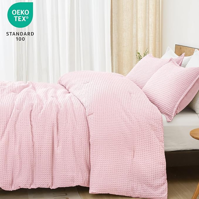 PHF Ultra Soft Waffle Weave Comforter Set Queen Size, 3 Pieces Lightweight Breathable Comfy Bedding Set, Comfy Textured 1 Comforter with 2 Pillow Shams, Pink