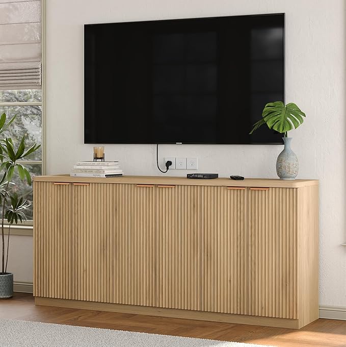 70" Large Buffet Sideboard Cabinet, Fluted Cabinet 6 Doors, Buffet Table Coffee Bar Wine Bar Storage Cabinet for Dining Room, Living Room