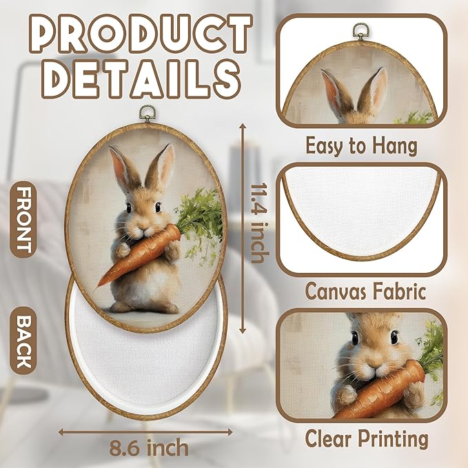 CGBHW Vintage Easter Bunny Oval Wall Art Decor, Rustic Bunny and Carrot Canvas Prints Framed, Cottagecore Easter Rabbit Wall Art Hanging Decor for Kitchen Home Bedroom Living Room, 8.6x11.4 Inch