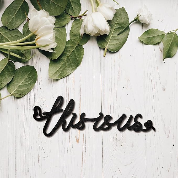 CREATCABIN This Is Us Word Sculpture Wood Sign Wooden Laser Cutout Unfinished Slices Wood Letter Wall Sign Ornaments Art for Crafts DIY Personalized Front Door Kitchen Home Wall Decor 11.8x4Inch-Black