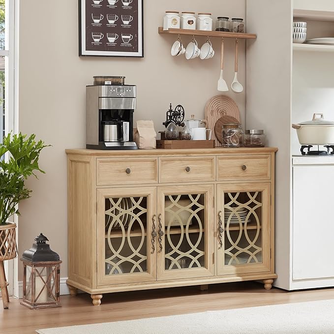 Farmhouse Sideboard Buffet Cabinet Set of 2 with Storage,48" Large Credenza with 3 Glass Doors & 3 Drawers,Adjustable Shelves Console Table,Wood Kitchen Coffee Bar for Dining Room,Natural