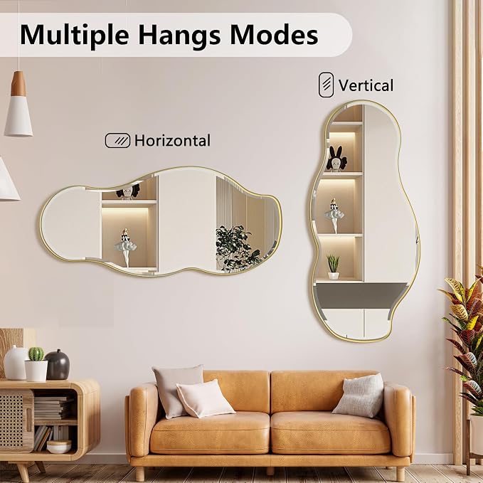 POZINO Large Irregular Beveled Mirror, 63"x28.5" Asymmetrical Full Length Mirror with Gold Metal Frame, Organic Shape Wall Mirrors for Entryway Living Room Bathroom, Horizontal/Vertical Hanging