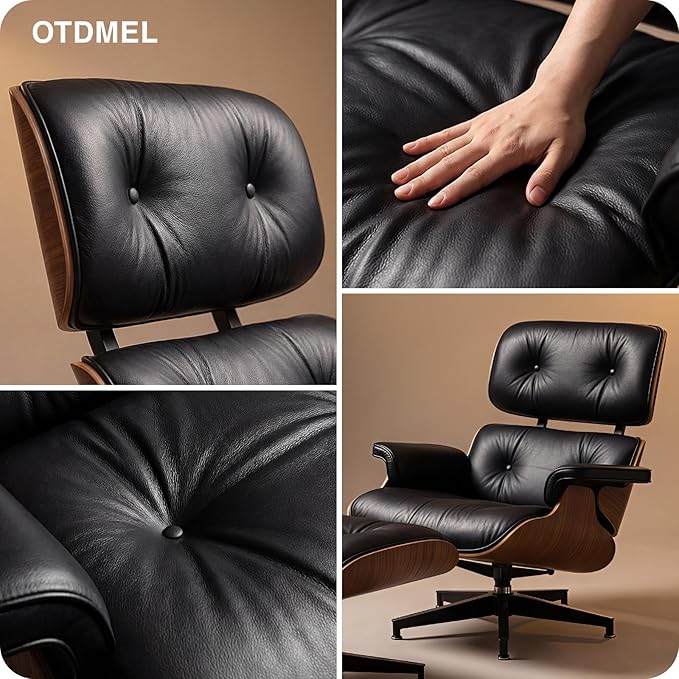 Luxury Top Grain Leather Mid Century Chaise Lounge Chair with Ottoman, Heavy Duty Base Support, Reading Chair, Modern Arm Chair, Leather Accent Chair for Living Room and Office, Walnut