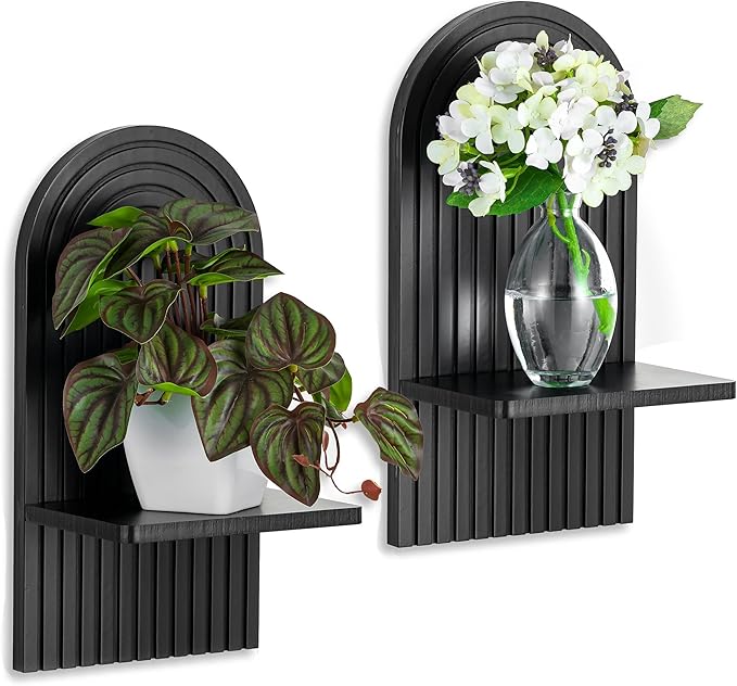 Black Boho Floating Shelves: Decorative Wall Shelves Display Plants Small Items Mid Century Modern MCM Wall Decor