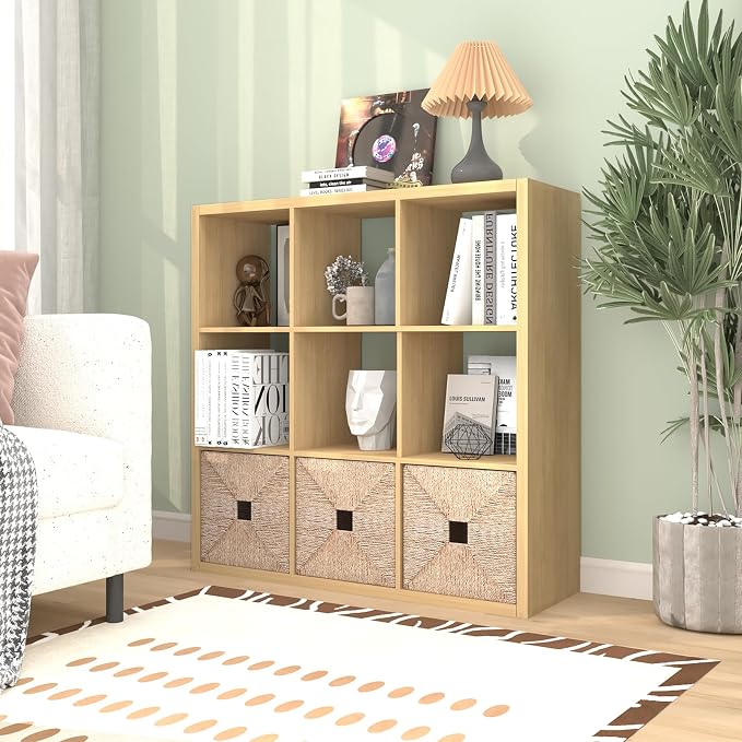 CTESNE【2026 Wooden Thick Frame 9 Cube Storage Organizer Shelf with Anti-Tipping Kits + Reversible Open Back Bookcase, Horizontal and Vertical Dual-use（Oak Color,11inch）