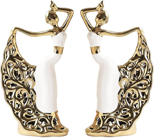 2 Pcs Ceramic Statues Home Decor, Dancer Women Sculpture Figurine, Modern Aesthetic Abstract Art Decorative Accent for Living Room Bedroom Bookshelf Dining Table Centerpiece Office (White and Gold)