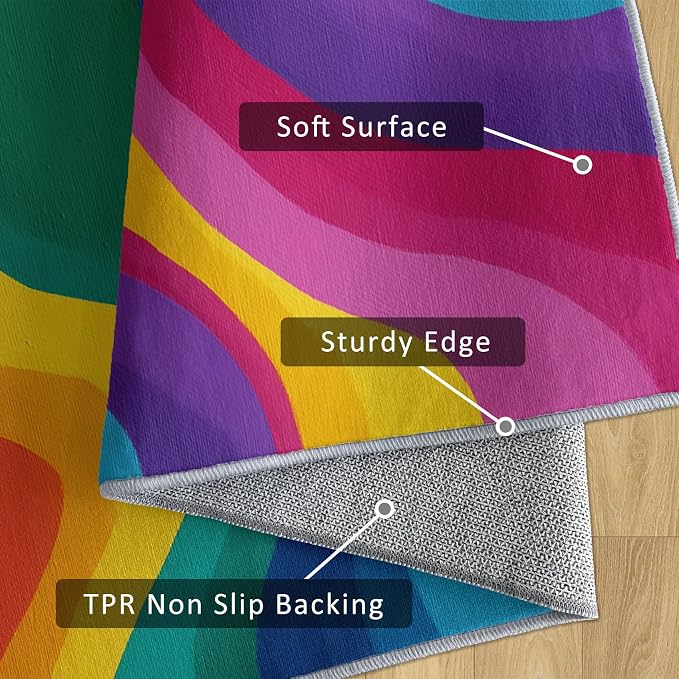 Rainbow Abstract Rugs 5x8, Colorful Retro 70s Washable 5 x 8 Area Rug for Living Room, Bedroom, Low Pile Non Slip Stain Resistant Carpet, Abstract Home Decor Accessories & M888