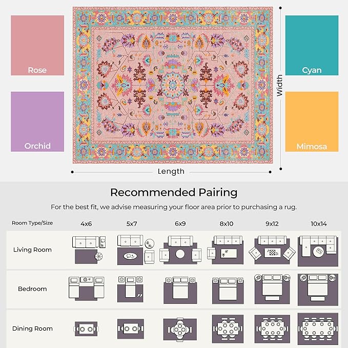 Pink Living Room Area Rug Washable 5x7 Non Slip Low Pile Oushak Vintage Oushak Stain Resistant Soft Oriental Carpet for Bedroom, Dining Room, Kitchen, Leisure Room, Nova Peony