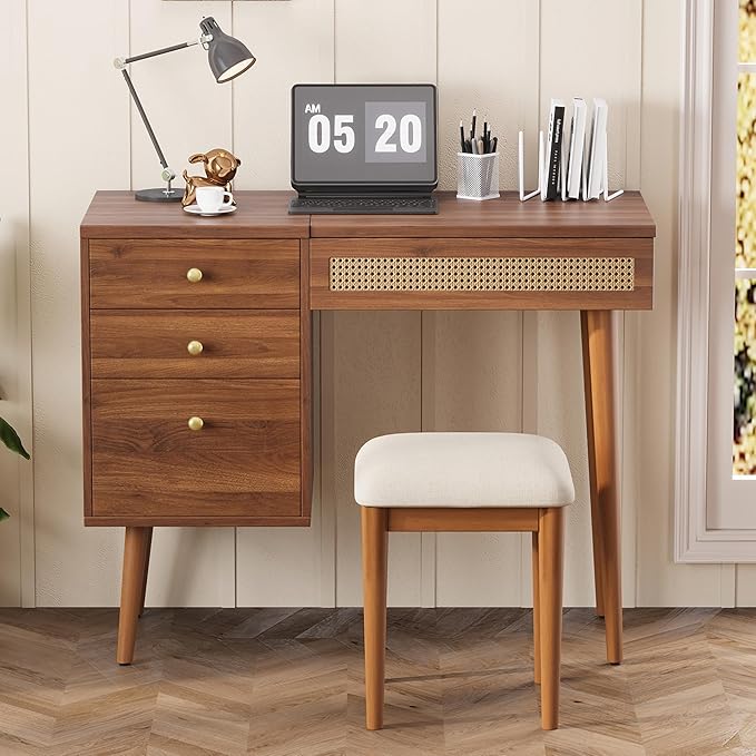 Mid-Century Modern Vanity Desk with Flip-Top Mirror and Lights 39" Brown Makeup Vanity Table with 3 Drawers 10 Compartments Wooden Legs Stool Retro Rattan Vanity Set for Girls,Walnut