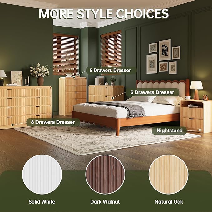 FURSUN 54" Wide Fluted 6 Drawer Dresser, Large Storage Wooden Dresser with Curved Profile & Metal Handles, Modern Chest of Drawers for Bedroom, Living Room, Natural Oak
