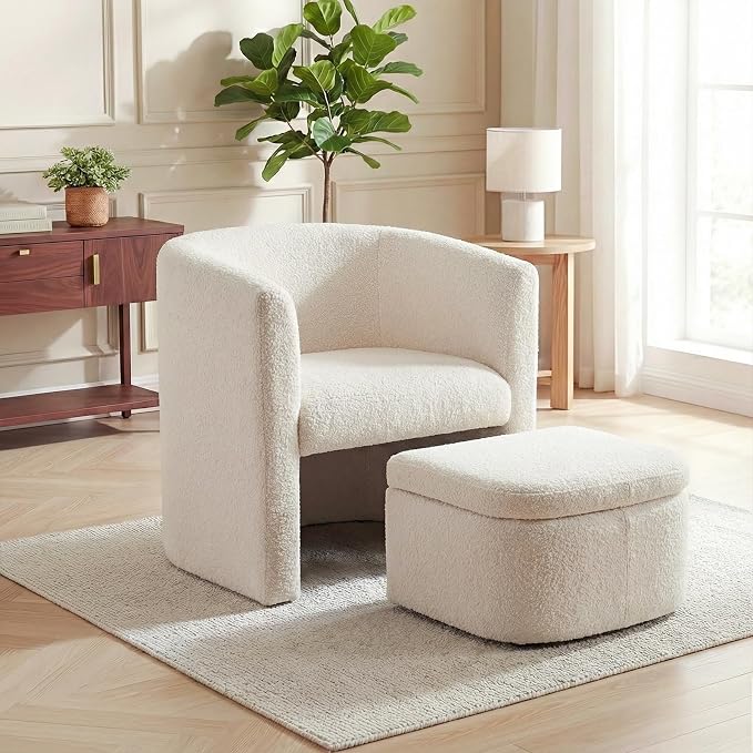COLAMY Morden Velvet Living Room Side Chair with Storage Ottoman Set of 2, Single Sofa Armchair with Lounge Seat, Upholstered Barrel Accent Chair for Bedroom/Office/Reading Spaces, Cream