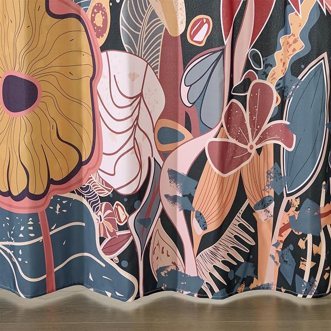 Vintage Floral Fabric Shower Curtain Set Boho Botanical Bathroom Decorations, 160GSM Heavy Duty Mid Century Modern Art Abstract Hippie Flowers Cute Bathroom Shower Curtain Set with Hooks