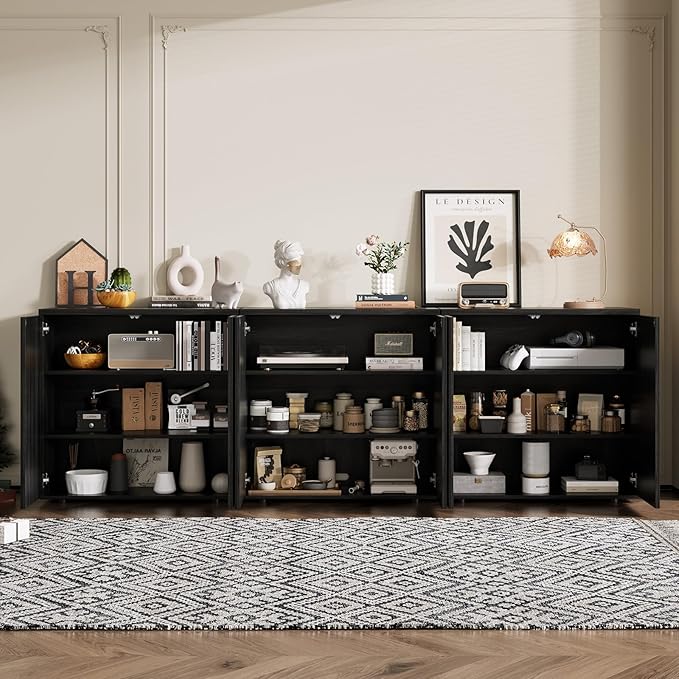Rophefx Fluted Sideboard Cabinet, 94.5" Buffet Cabinet with Storage, Credenza Storage Cabinets with Adjustable Shelf, Wood Entryway Cabinets with Pop-up Door for Living Room, Entryway, Black Grey