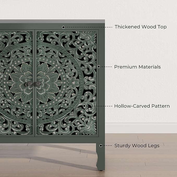 Buffet Cabinet with Storage, Accent Cabinet with 4 Carved Doors, Solid Wood Sideboard with Adjustable Shelf, Vintage Cabinets for Kitchen, Living Room, Entryway, Green