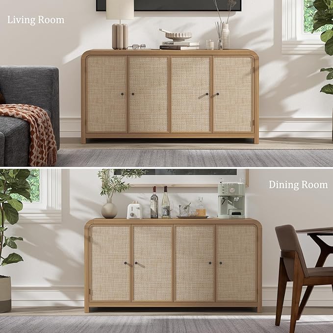 Oak&Sparrow Oak Sideboard Buffet Cabinet with Storage, 60'' Boho Buffets & Sideboards with Adjustable Shelves, Rattan Sideboard Cabinet with 4 Doors for Living Room, Hallway & Kitchen