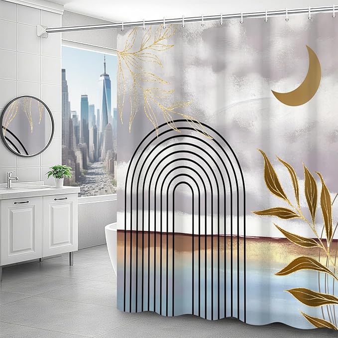 Boho Shower Curtain Abstract Modern Geometric Leaves Shower Curtain Mid Century Minimalist Moon Pattern Decor Bath Curtain Waterproof Fabric with Hooks 60x72