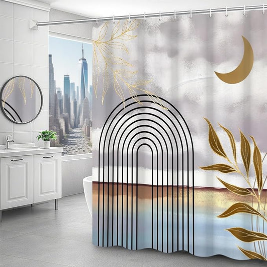 Boho Shower Curtain Abstract Modern Geometric Leaves Shower Curtain Mid Century Minimalist Moon Pattern Decor Bath Curtain Waterproof Fabric with Hooks 48x72