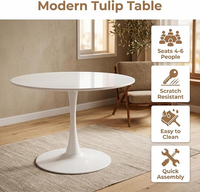 42" White Round Tulip Table for 4-6, Mid Century Modern Pedestal Dining Table with Sturdy Metal Base – Small Space Kitchen, Bistro, Café, Living Room, Office