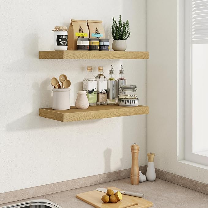 24"W x 9.3"D Floating Shelves for Wall, Wall Mounted Bathroom Shelves 2 Pack Deep Floating Shelf for Bedroom Kitchen Living Room, Rustic Wooden Wall Shelf with Invisible Bracket for Books Decor