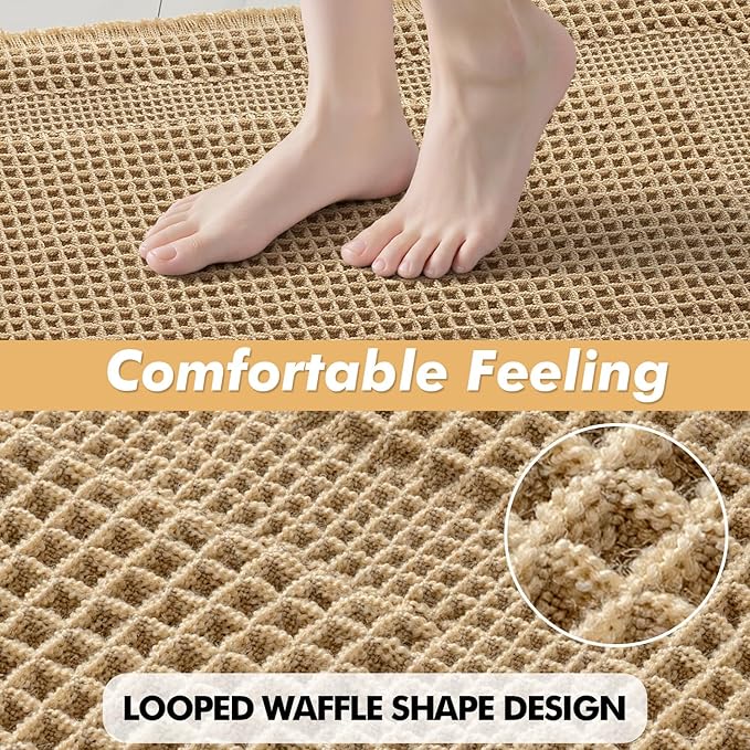 MIULEE Set of 2 Waffle Bathroom Rugs, Boho Bath Rug Super Absorbent, Non Slip Washable Ultra Soft Rubber Backed Shower Bath Mats for Floor, Tub, Shower, Looped Design, Brown, 17x24 Inch