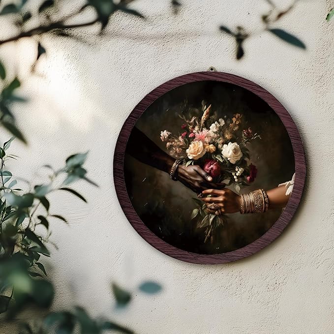 TFKFJLF Vintage Floral Framed Wall Art Decor, Bouquet Round Wall Hanging Decor, Cottagecore Farmhouse Decoration, Retro Flower Wooden Prints Wall Art for Bedroom Kitchen Living Room, 10x10 Inch