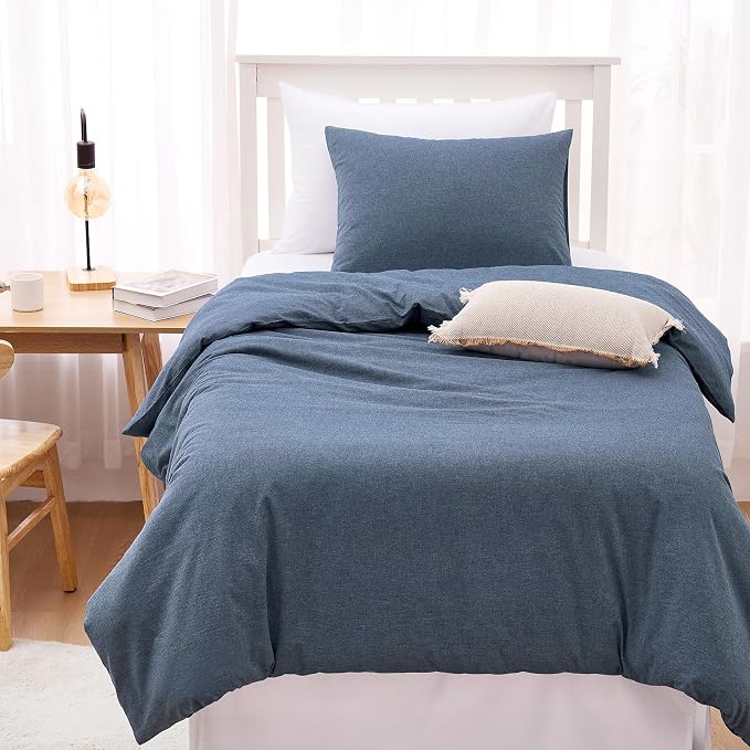 Wake In Cloud - Cotton Duvet Cover Set, 100% Washed Cotton, Linen Like Textured, Breathable Durable Comfy Farmhouse Neutral Bedding Set, 3 Pieces, Denim Blue, Twin/Twin XL Size