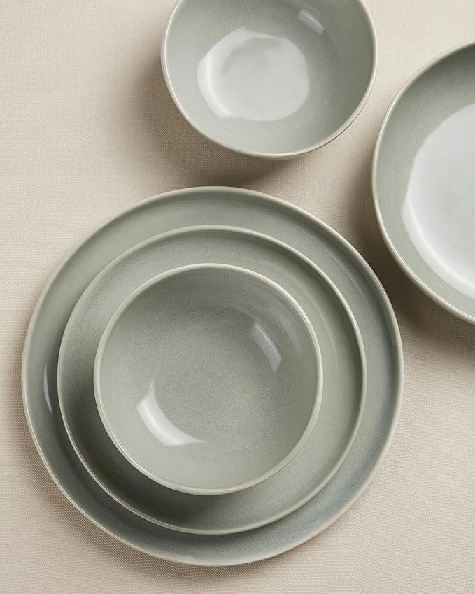 24 Pieces Dinnerware Set for 6 with Pasta Bowls, Complete Ceramic Dish Set, Stackable & Glossy Stoneware Plate and Bowl Set for Effortless Everyday Hosting, Gray Green