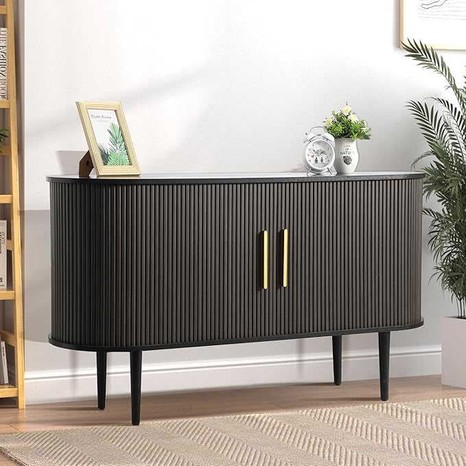Grepatio Sideboard Buffet Cabinet with Storage, 55" Tambour Credenza Cabinet with Fluted Slide Door and Adjustable Shelves, Wood Console Cabinets for Bedroom Living Room Hallway Entryway (Black)
