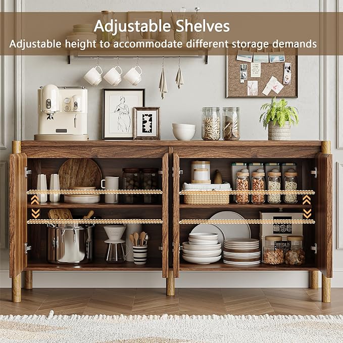CHUWELL Walnut Sideboard Buffet Cabinet - 59" Mid Century Buffet Storage Cabinet with 4 Doors, Adjustable Shelves, and 4 Solid Wood Round Legs- Coffee Bar Table for Kitchen