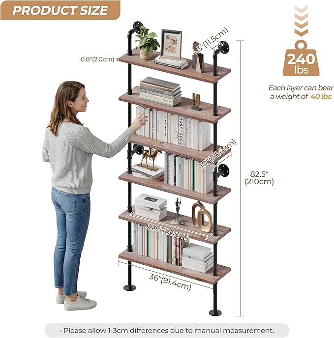 6 Tier Industrial Ladder Shelf Bookcase, Wall Mounted Rustic Bookshelf for Living Room Decor and Storage (Weathered Brown, 6 Tier - 10" D x 36" W x 82.5" H)