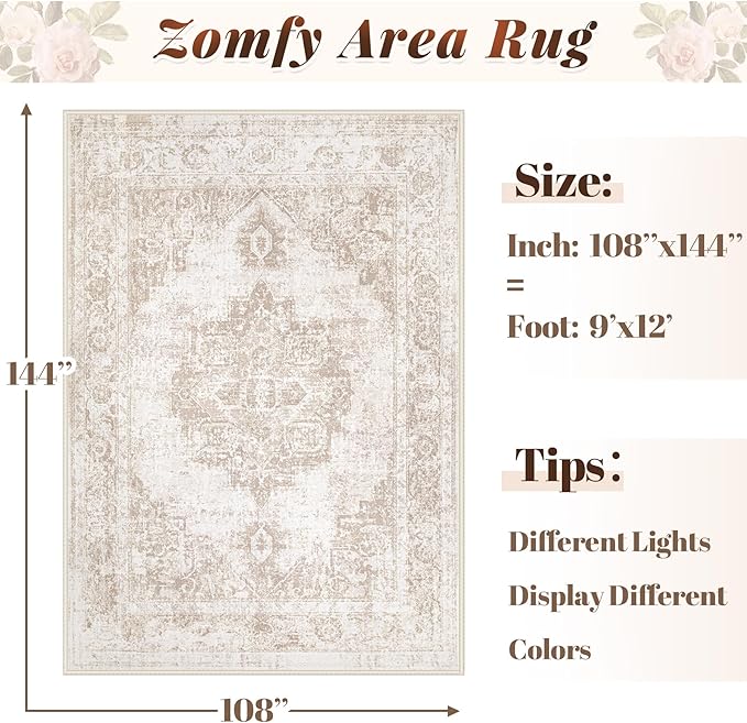 Area Rug 9x12 Vintage Rug: Large Washable Indoor Medallion Rugs Low Pile Distressed Floor Carpet Retro Accent Rug for Living Room Bedroom Kitchen Dining Table Home Office(Beige, 9'x12')