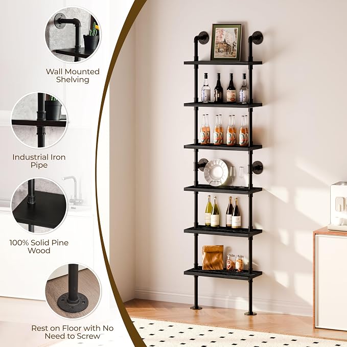 Industrial Ladder Pipe Shelves, Wall Mounted Wood Metal Rustic Bookshelf for Living Room (Black, 6 Tier - 10" D x 24" W x 82.5" H)