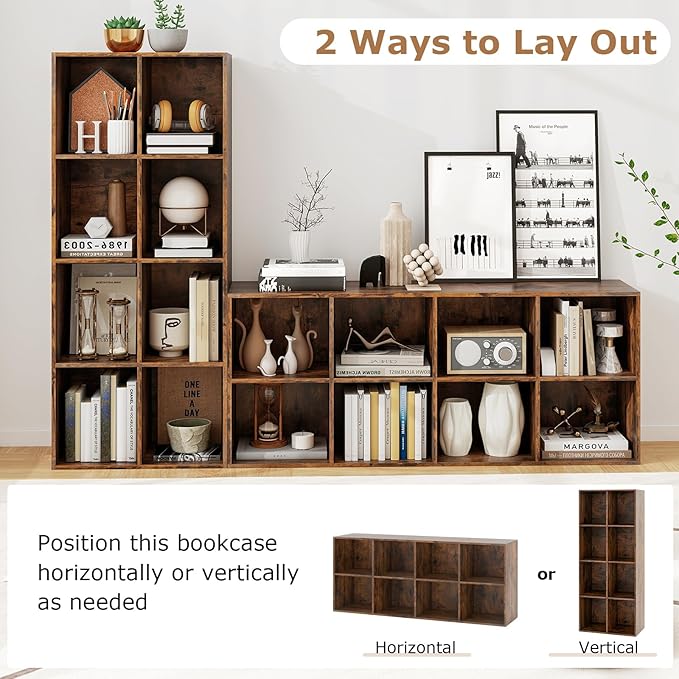 DREAMADE 8 Cube Storage Organizer, 2 Tier Multipurpose Display Shelf w/Open Storage & 2 Anti-Tipping Kits, 8-Cube Wooden Bookcase for Living Room, Bedroom, Study, Home, Office (Brown)